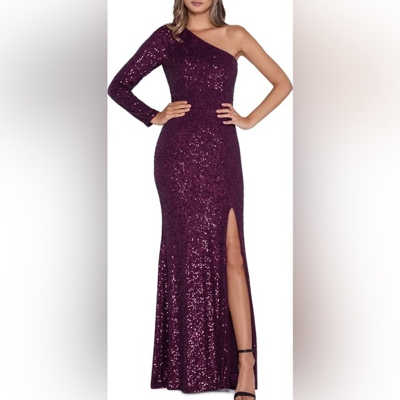 Xscape One Shoulder All Over Sequin Gown in wine color - Picture 1 of 13